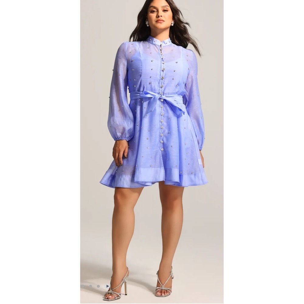 Bella Barnett Purple Embellished Button Down Long Sleeve NWT Belted Dress Size L - Picture 2 of 9